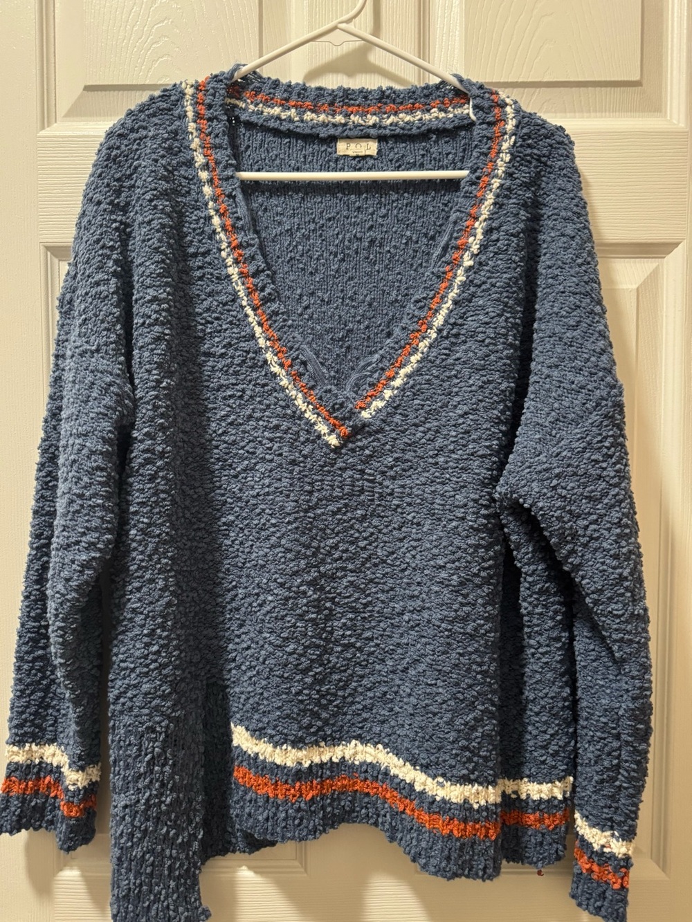 POL Navy Popcorn V-Neck Sweater with Cream and Rust Trim